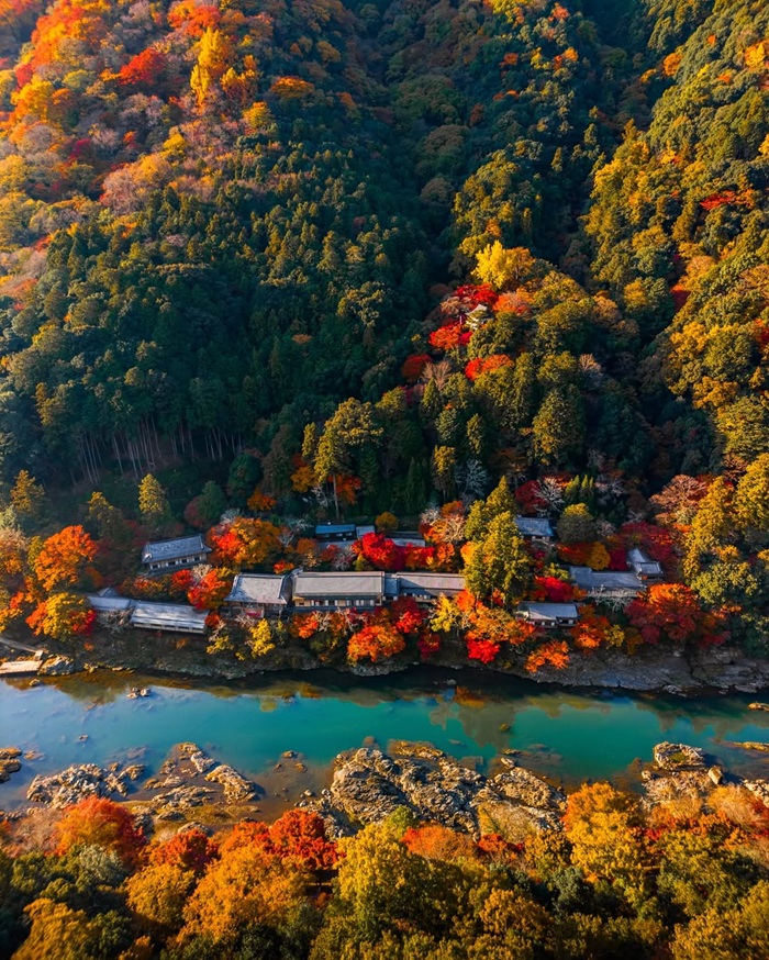 Sắc đỏ vàng phủ kín các triền núi thung lũng Arashiyama. Nguồn: mblockk